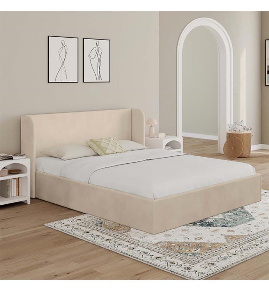 Lit coffre Lucia en velours beige avec sommier et tête de lit 160x200cm
