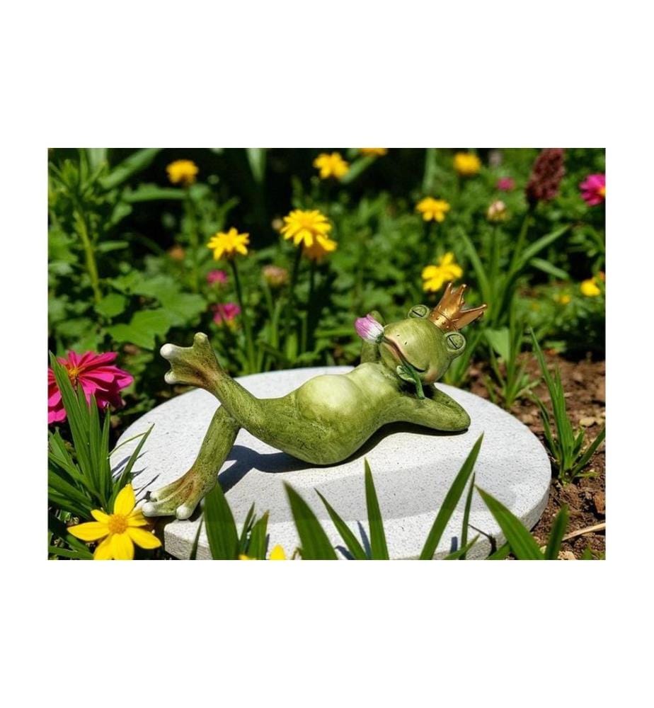 DAMECO - Figure décorative Roi grenouille couché avec tulipe 17 x 37 x 15 cm