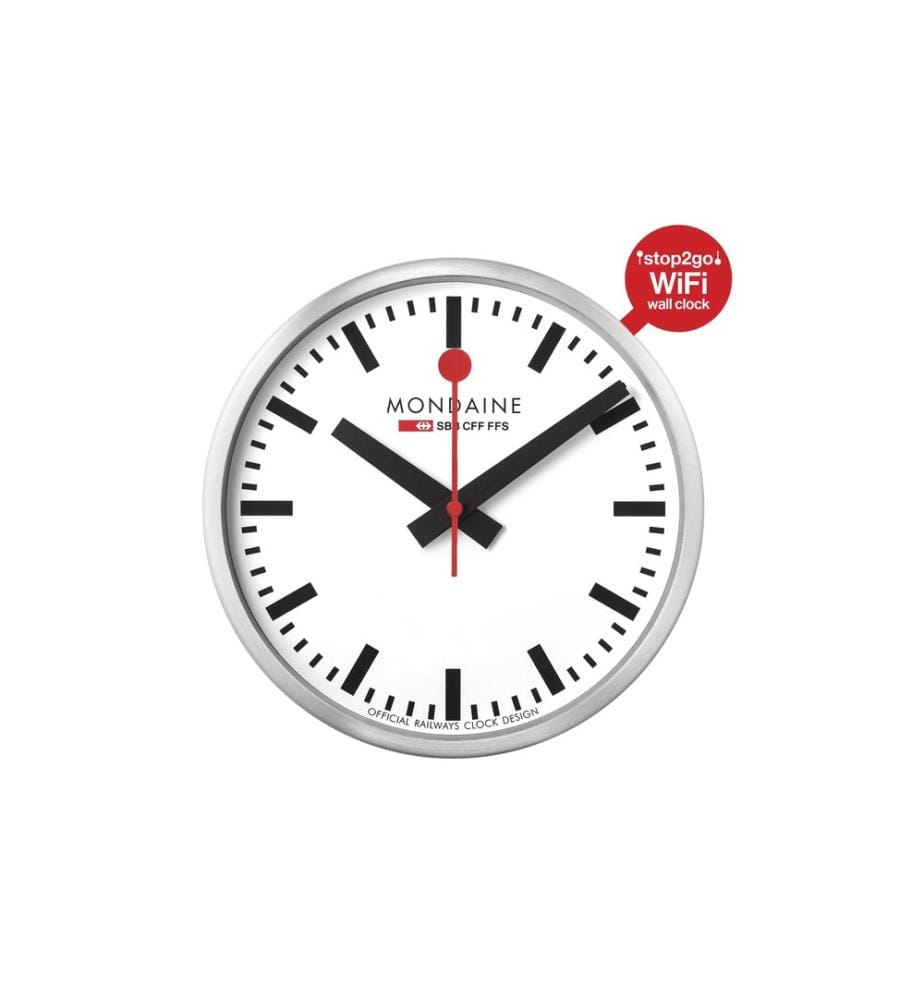 MONDAINE - Wanduhr WIFI stop2go Ø 25 cm, Silber/Weiss
