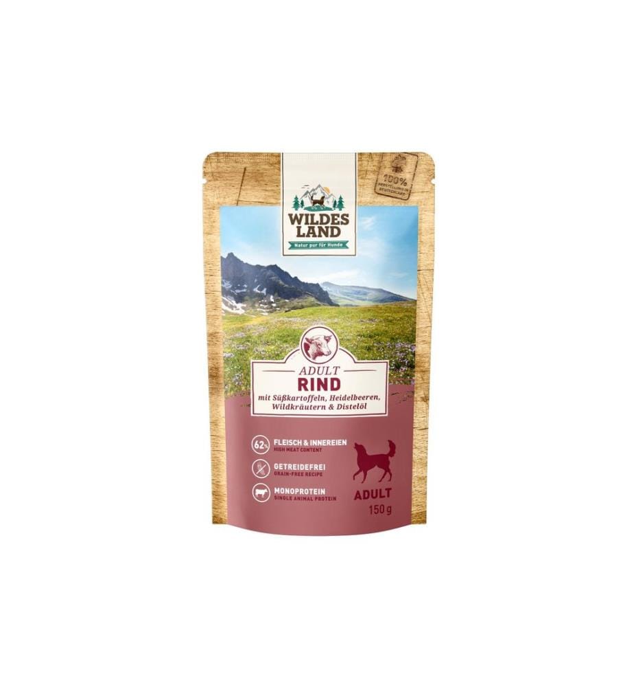 WILDES LAND - Nassfutter Rind mit Süsskartoffeln & Heidelbeeren 150g