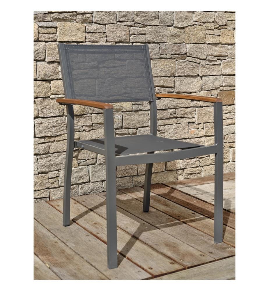 Tavolo da giardino ORSINO (150/200x90 cm) in alluminio e piano in legno di acacia con estensione a farfalla e 6 poltrone impilabili ORSINO - GRIGIO ANTRACITE