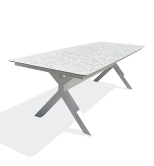 Tavolo da giardino ABELLA (220x90 cm) in alluminio con piano in pietra sinterizzata - BIANCO