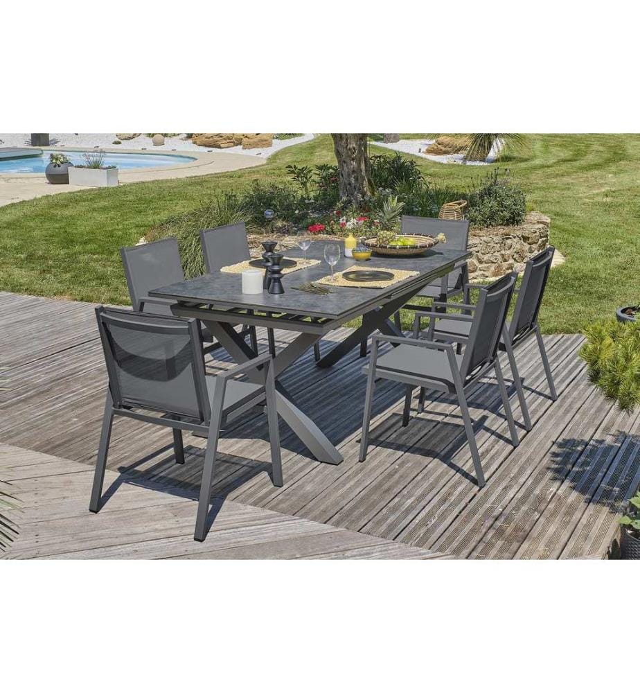 Set Gartentisch FLORIDE (180/240x100 cm) aus Aluminium und Keramikplatte auf Glas mit automatischer Verlängerung und 6 stapelbaren FLORIDE-Sesseln - ANTHRACIT-GRAU