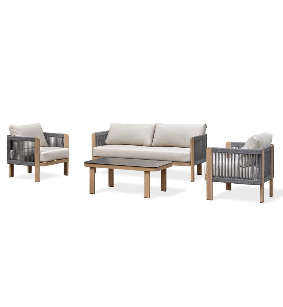 Set di mobili da giardino JESPAR a 5 posti in alluminio effetto legno e corda intrecciata - LEGNO