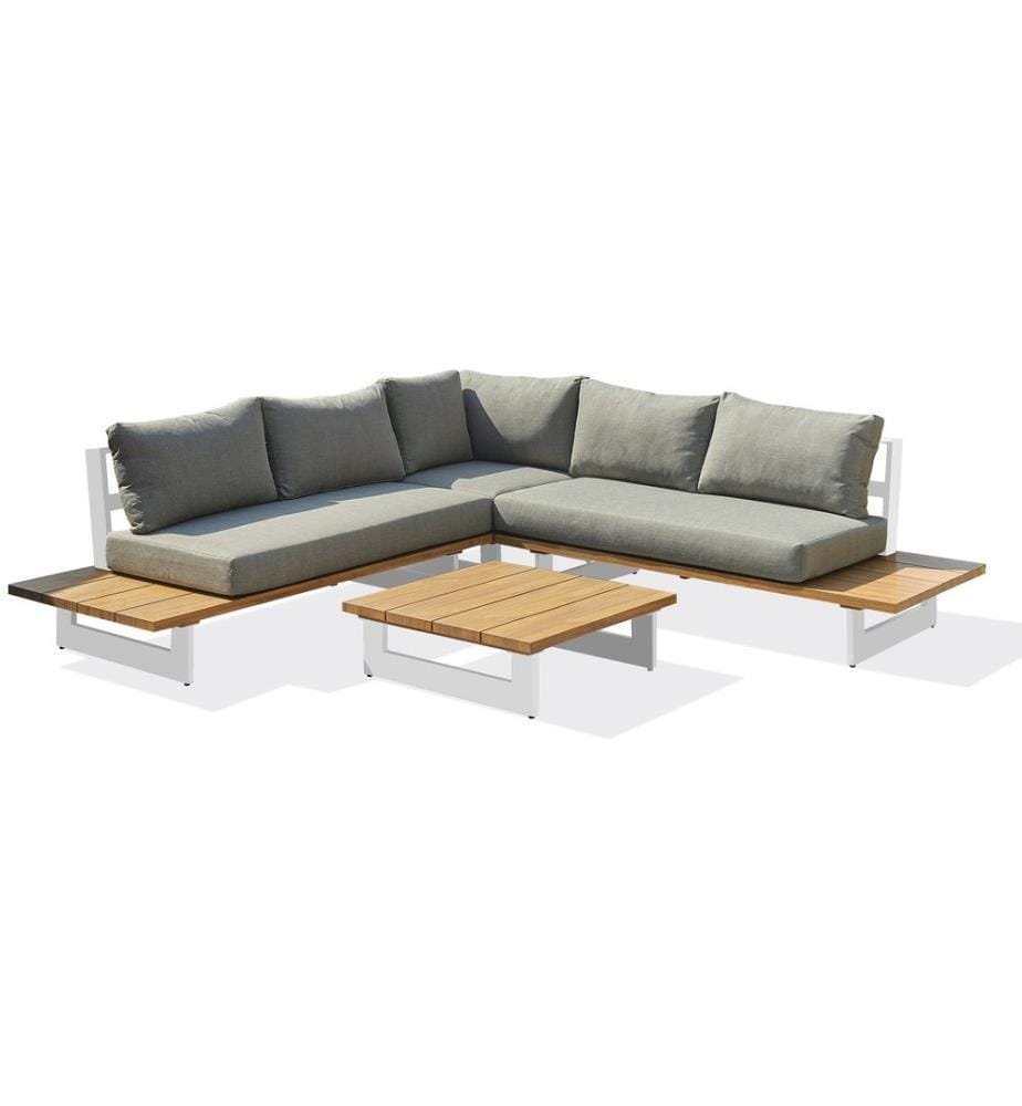 Set di mobili da giardino LAVEZZI a 5 posti in alluminio con piano effetto legno - BIANCO