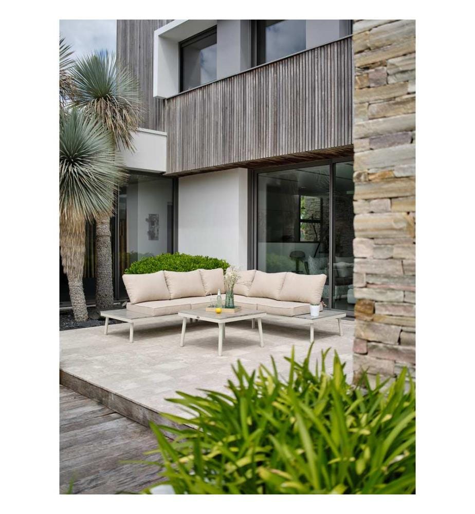 Set di mobili da giardino angolari OSAKA 5 posti in alluminio grigio effetto legno - BIANCO