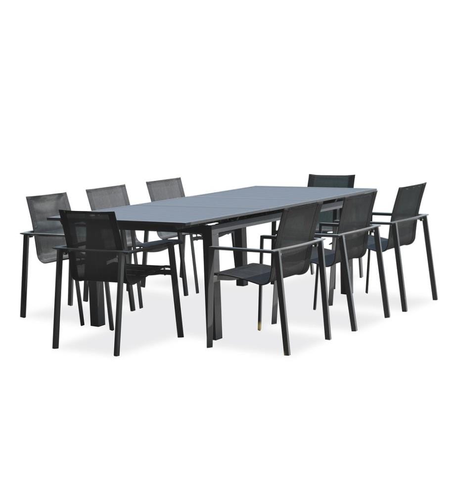 Gartentisch-Set MIAMI (180/240X100 cm) aus Aluminium mit automatischer Verlängerung und 8 Sesseln MIAMI - ANTHRACIT-GRAU