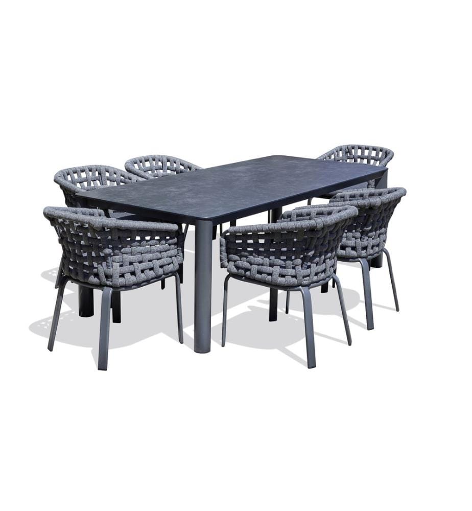 Ensemble table de jardin CAMARGUE (220x100 cm) en aluminium et plateau céramique et 6 fauteuils CAMARGUE - GRIS ANTHRACITE
