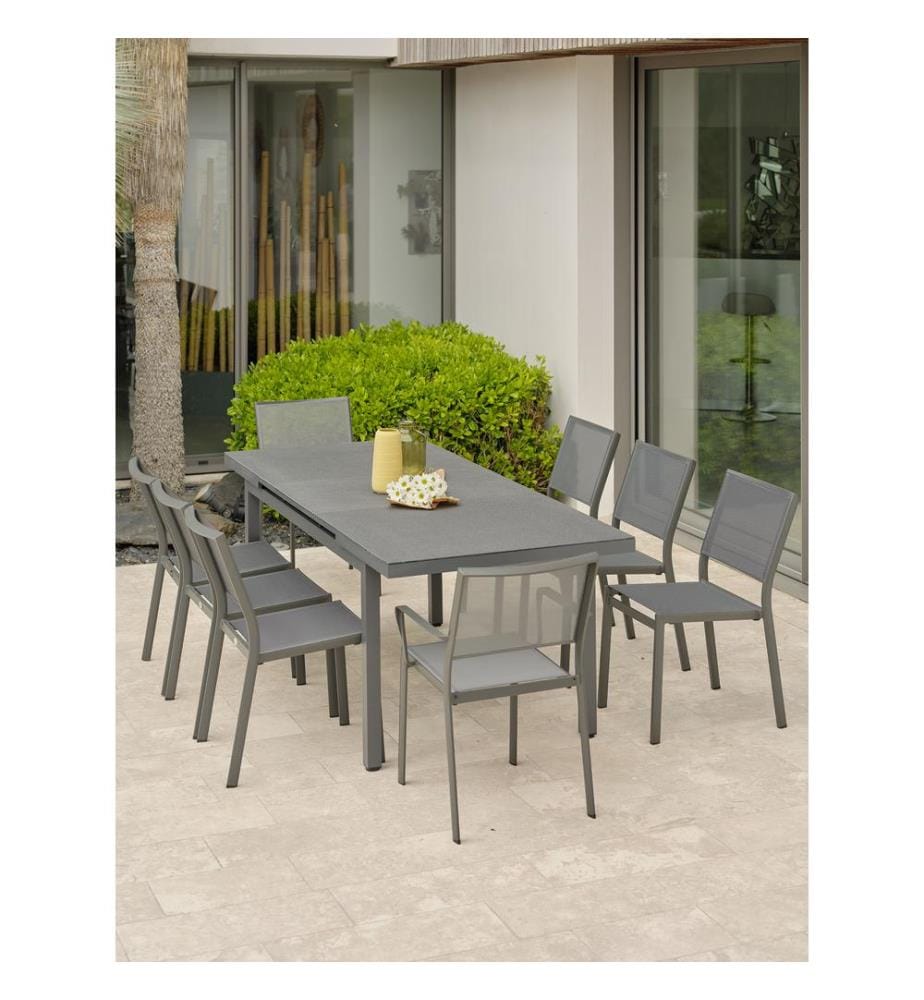 Set di tavolo da giardino DANIA (160/210x90 cm) in alluminio e pietra spray con prolunga automatica, 6 sedie e 2 poltrone STOCKHOLM - GRIGIO ANTRACITE