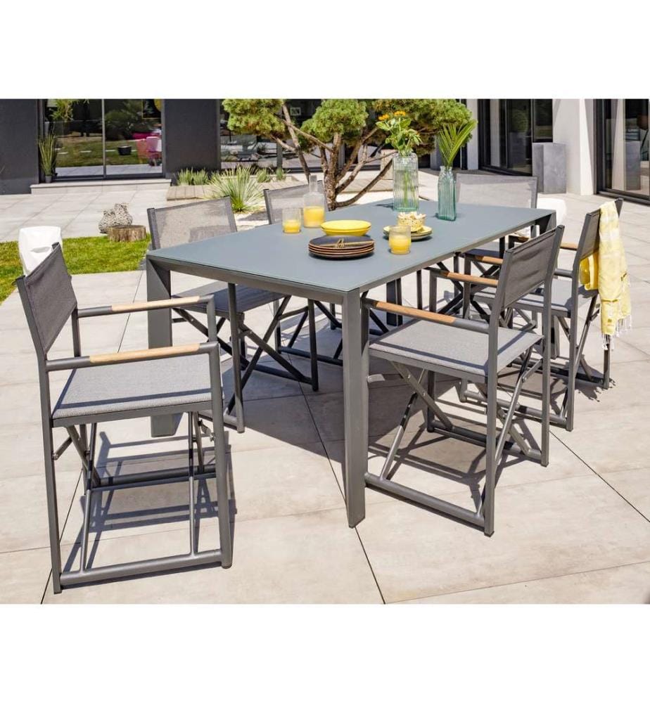Gartentisch-Set HONFLEUR (180/250x100 cm) aus Aluminium mit Glasplatte und HPL-Verlängerung in Holzoptik und 6 Klappsesseln - ANTHRACIT-GRAU
