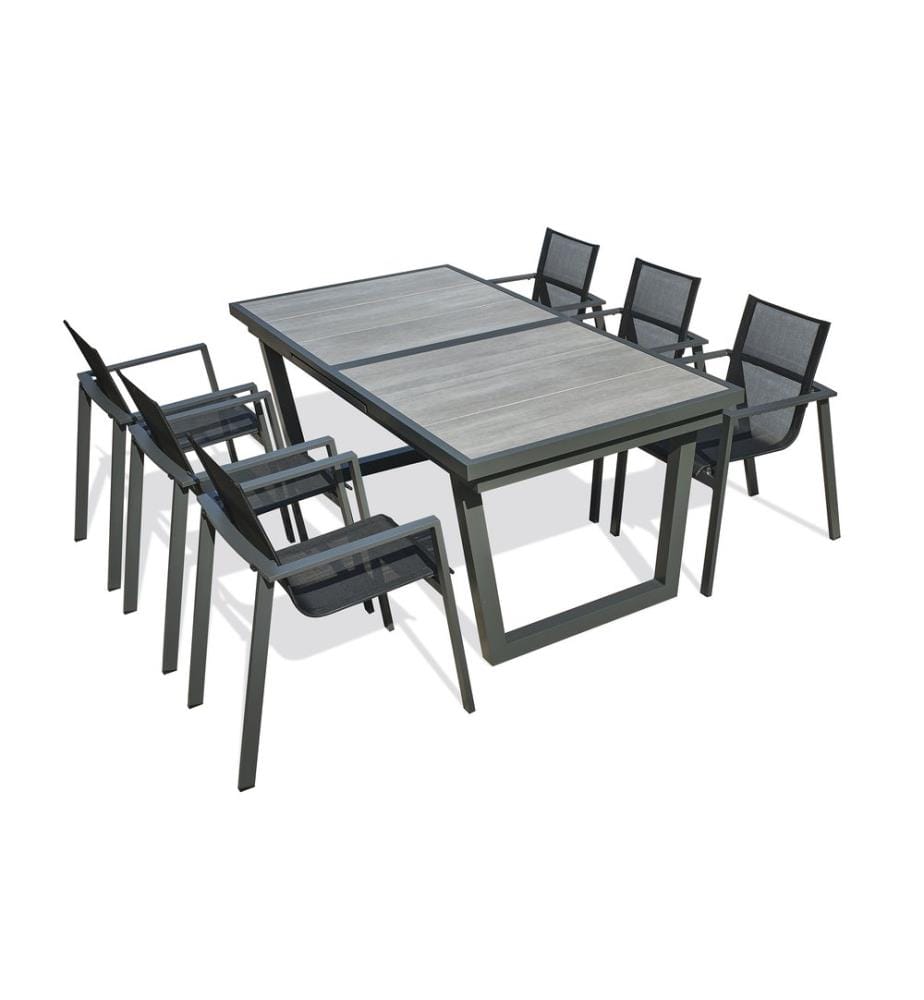 Set di tavoli da giardino OLHOS (191/251x95 cm) in alluminio e ceramica con estensione automatica e 6 poltrone impilabili MIAMI - GRIGIO ANTRACITE