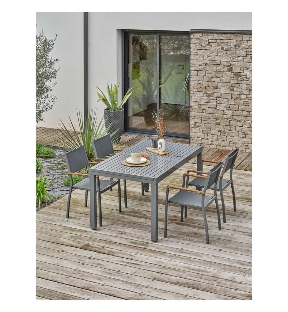 Tavolo allungabile - Poltrona da giardino impilabile con braccioli in legno di acacia - Grigio antracite