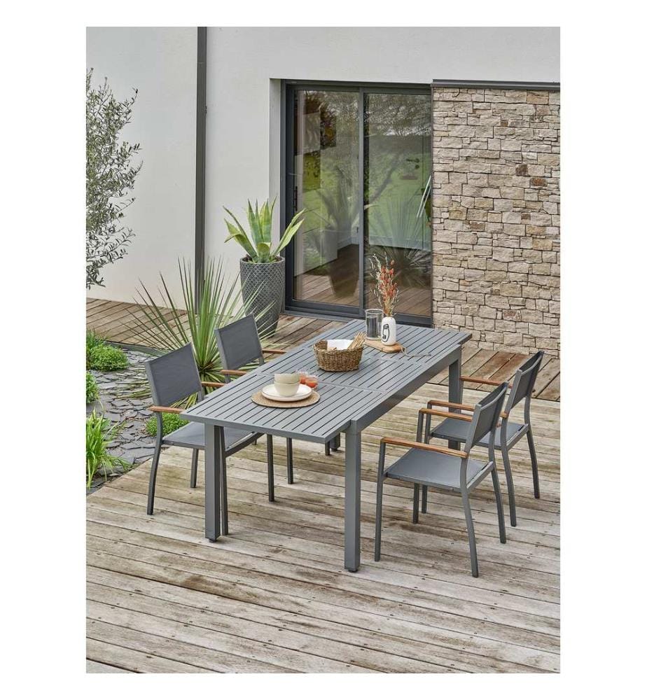 Tavolo allungabile - Poltrona da giardino impilabile con braccioli in legno di acacia - Grigio antracite