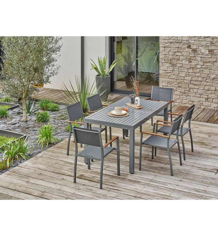Table à rallonge intégrée - Fauteuil de jardin empilable avec accoudoirs en bois d'acacia - Gris anthracite