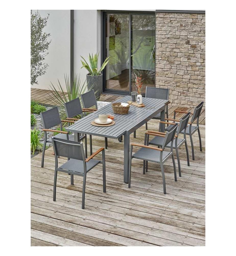 Tavolo allungabile - Poltrona da giardino impilabile con braccioli in legno di acacia - Grigio antracite
