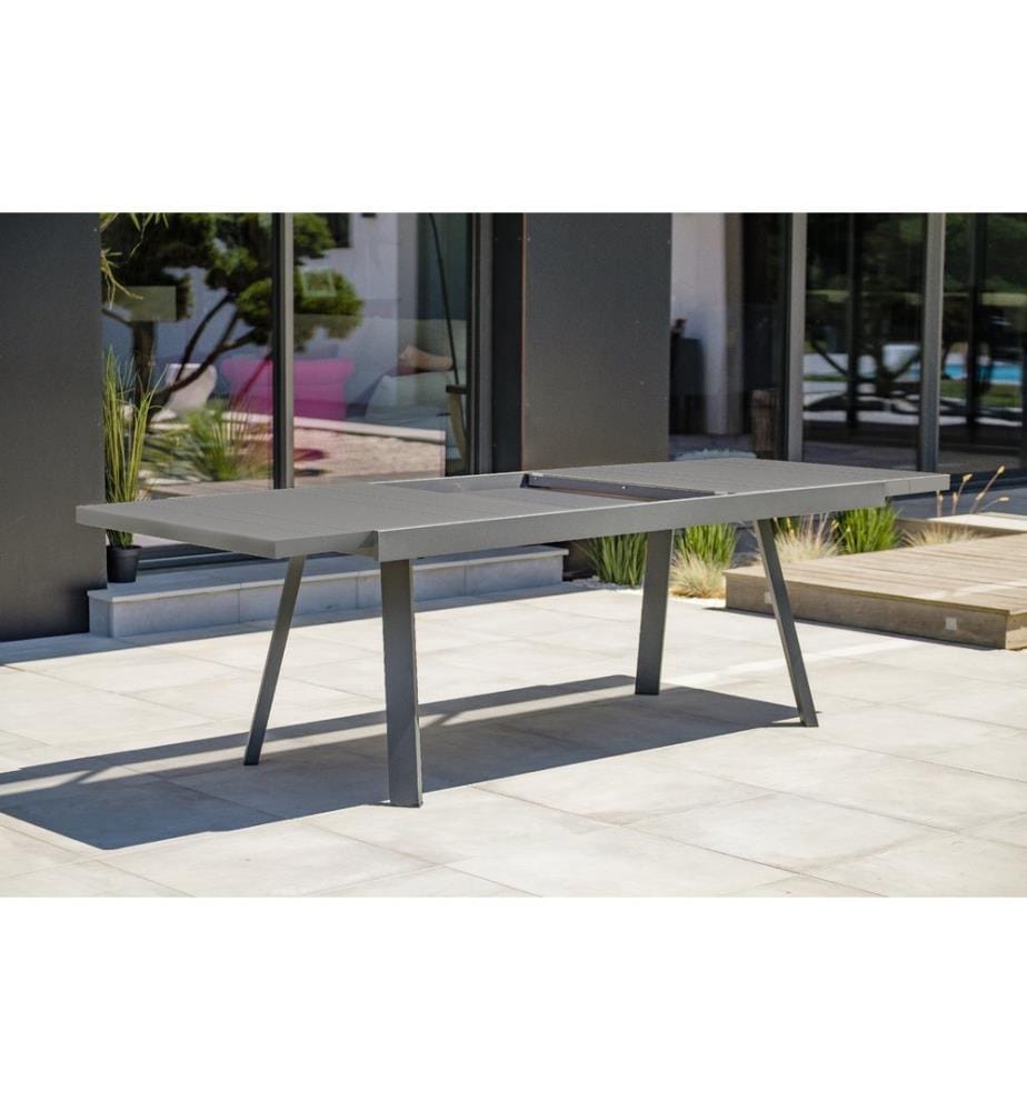 Set tavolo da giardino STOCKHOLM (200/300x96 cm) in alluminio con prolunga integrata, 6 sedie e 2 poltrone impilabili STOCKHOLM - GRIGIO ANTRACITE