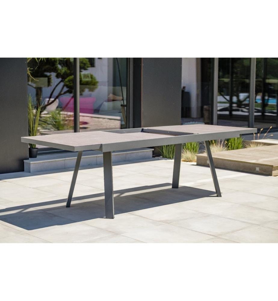 Set tavolo da giardino STOCKHOLM (200/300x96 cm) in alluminio e ceramica con prolunga integrata, 8 sedie impilabili STOCKHOLM e 2 poltrone impilabili STOCKHOLM - GRIGIO ANTRACITE