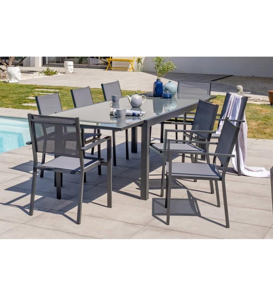 Set di tavoli da giardino TOLEDE (200/300x100 cm) in alluminio e piano in vetro con prolunga integrata e 8 poltrone impilabili TOLEDE - GRIGIO ANTRACITE