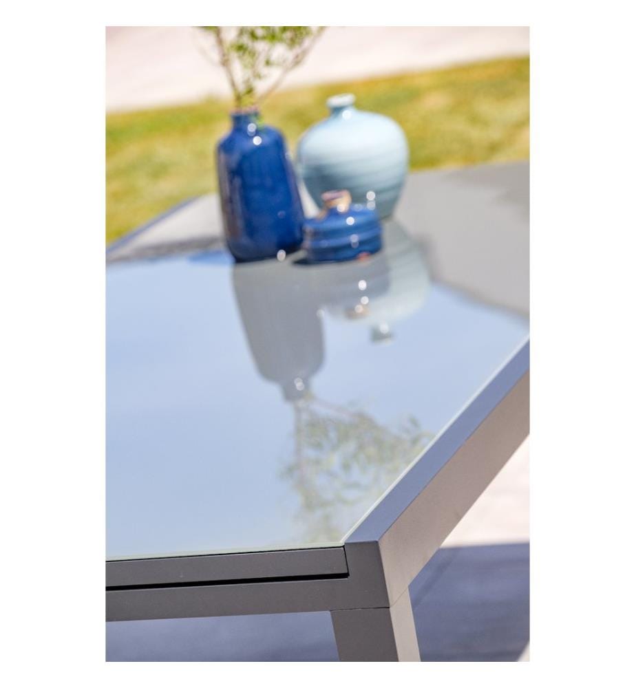Set di tavoli da giardino TOLEDE (200/300x100 cm) in alluminio e piano in vetro con prolunga integrata e 8 poltrone impilabili TOLEDE - GRIGIO ANTRACITE