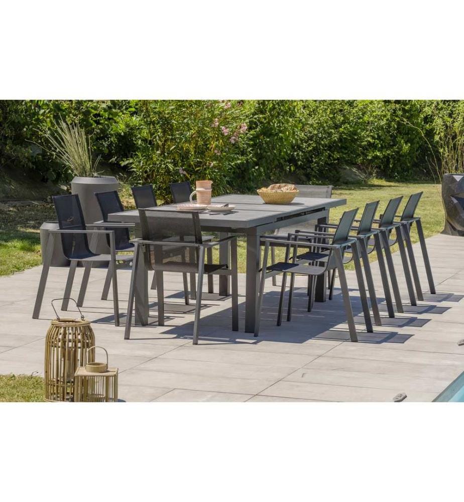 Set di tavoli da giardino VENISE (190/250X95 cm) in alluminio e ceramica con estensione automatica e 10 poltrone impilabili MIAMI - GRIGIO ANTRACITE