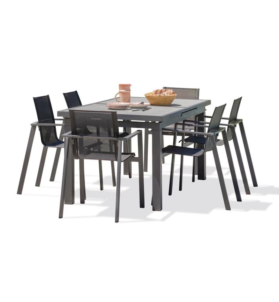 Set di tavoli da giardino VENISE (190/250X95 cm) in alluminio e ceramica con prolunga automatica e 6 poltrone MIAMI impilabili - GRIGIO ANTRACITE