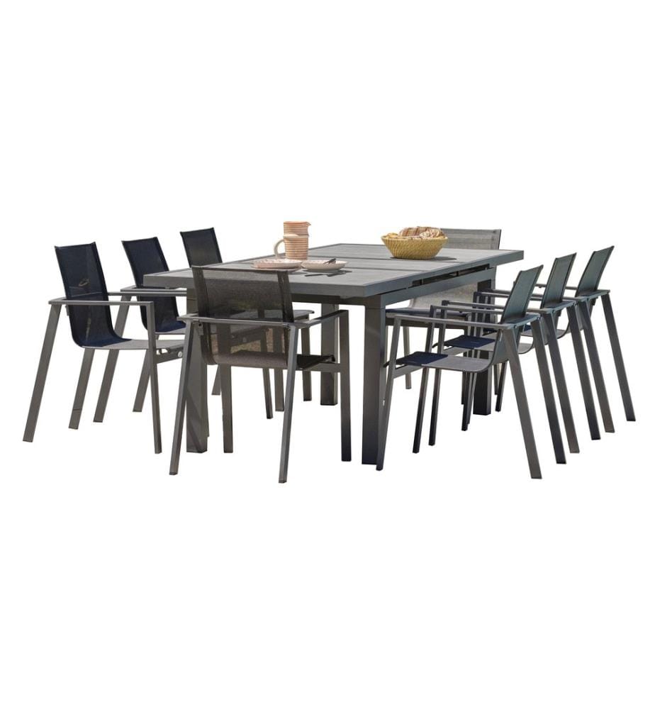 Set di tavoli da giardino VENISE (190/250X95 cm) in alluminio e ceramica con prolunga automatica e 8 poltrone impilabili MIAMI - GRIGIO ANTRACITE