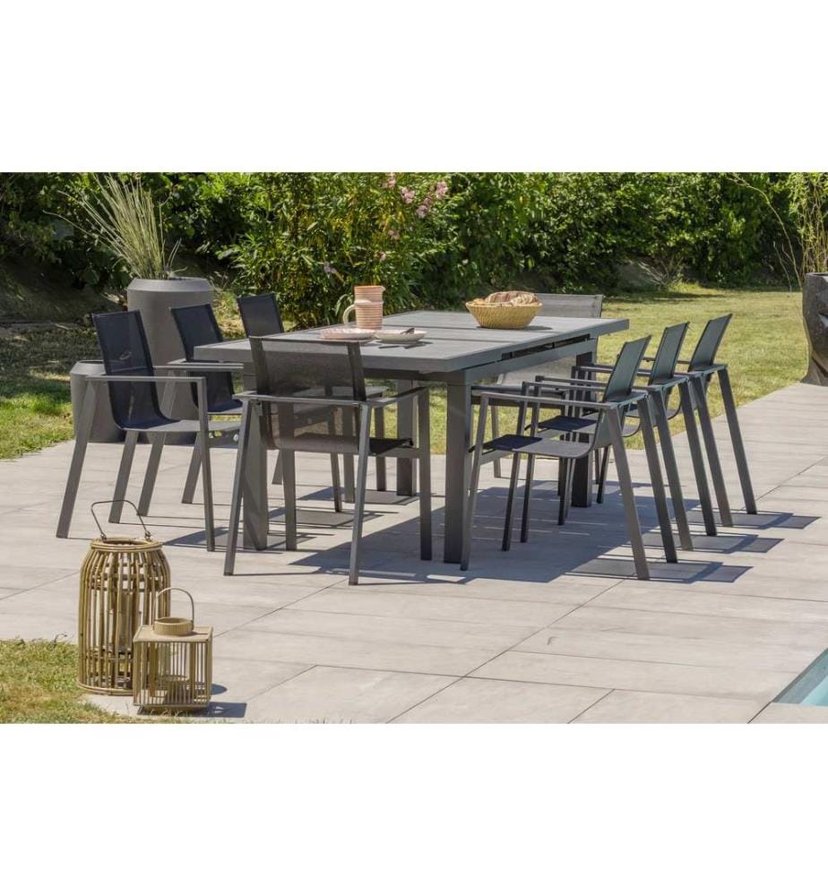 Set di tavoli da giardino VENISE (190/250X95 cm) in alluminio e ceramica con prolunga automatica e 8 poltrone impilabili MIAMI - GRIGIO ANTRACITE