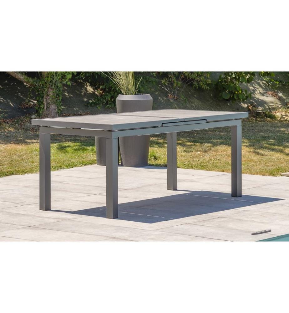 Set di tavoli da giardino VENISE (190/250X95 cm) in alluminio e ceramica con prolunga automatica e 8 poltrone impilabili MIAMI - GRIGIO ANTRACITE