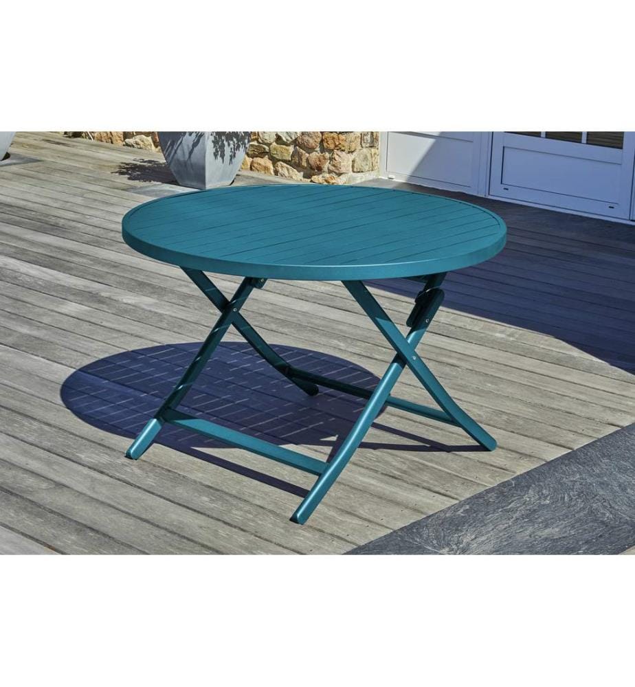 Table de jardin MARIUS (diam. 110 cm) pliante en aluminium - BLEU CANARD