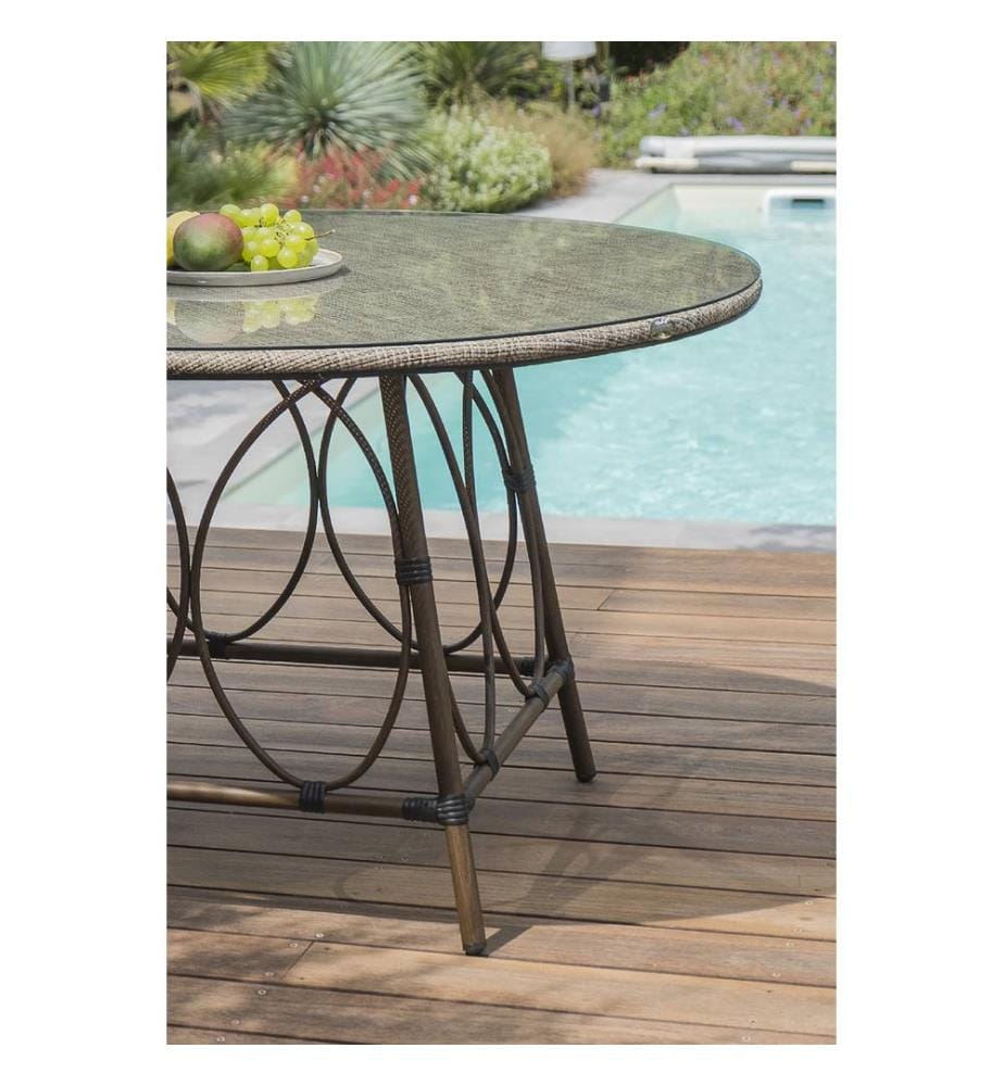 Tavolo da giardino rotondo USHUAIA (diam. 125 cm) in alluminio e textilene beige - MARRONE