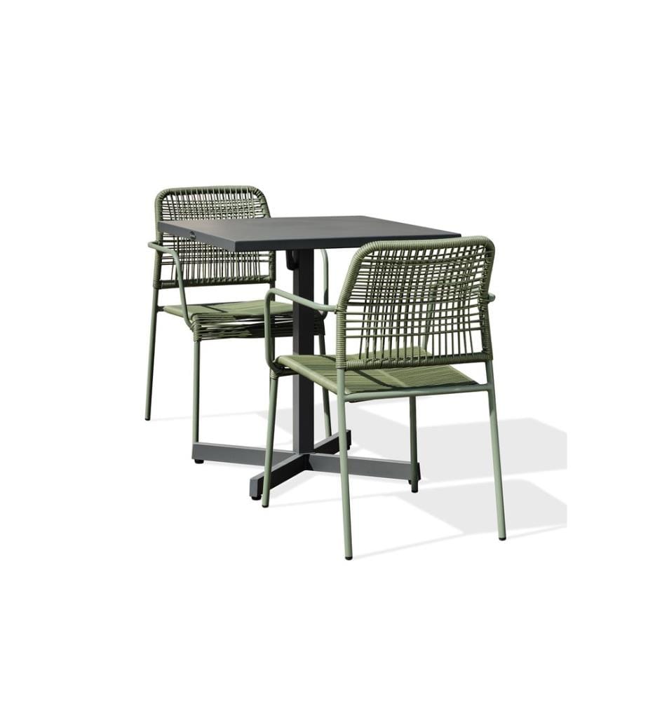 Tavolo da giardino LOUISE (70x70 cm) con piano pieghevole in acciaio e 2 poltrone MARCEAU - OLIVE