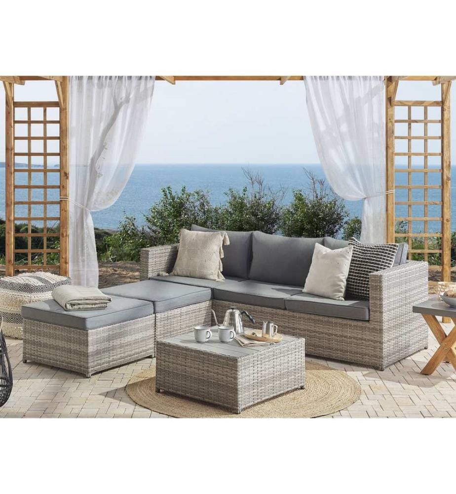 Garten Ecksofa mit Tisch 5-Sitzer SABBIA linksseitig modular Polyrattan Hellgrau