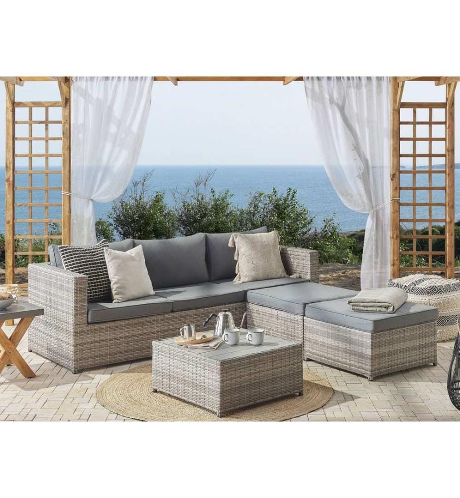 Garten Ecksofa mit Tisch 5-Sitzer SABBIA rechtsseitig modular Polyrattan Hellgrau