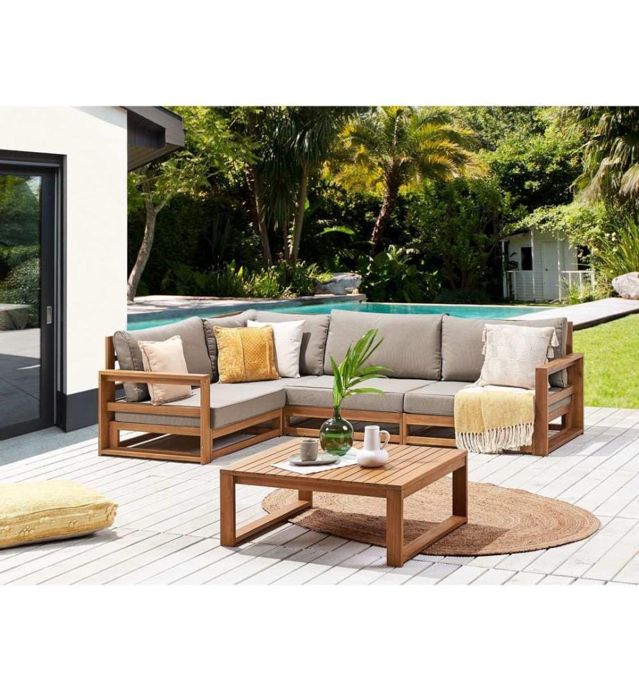 Garten Ecksofa mit Tisch 4-Sitzer TIMOR rechtsseitig modular zertifiziertes Akazienholz Hellbraun