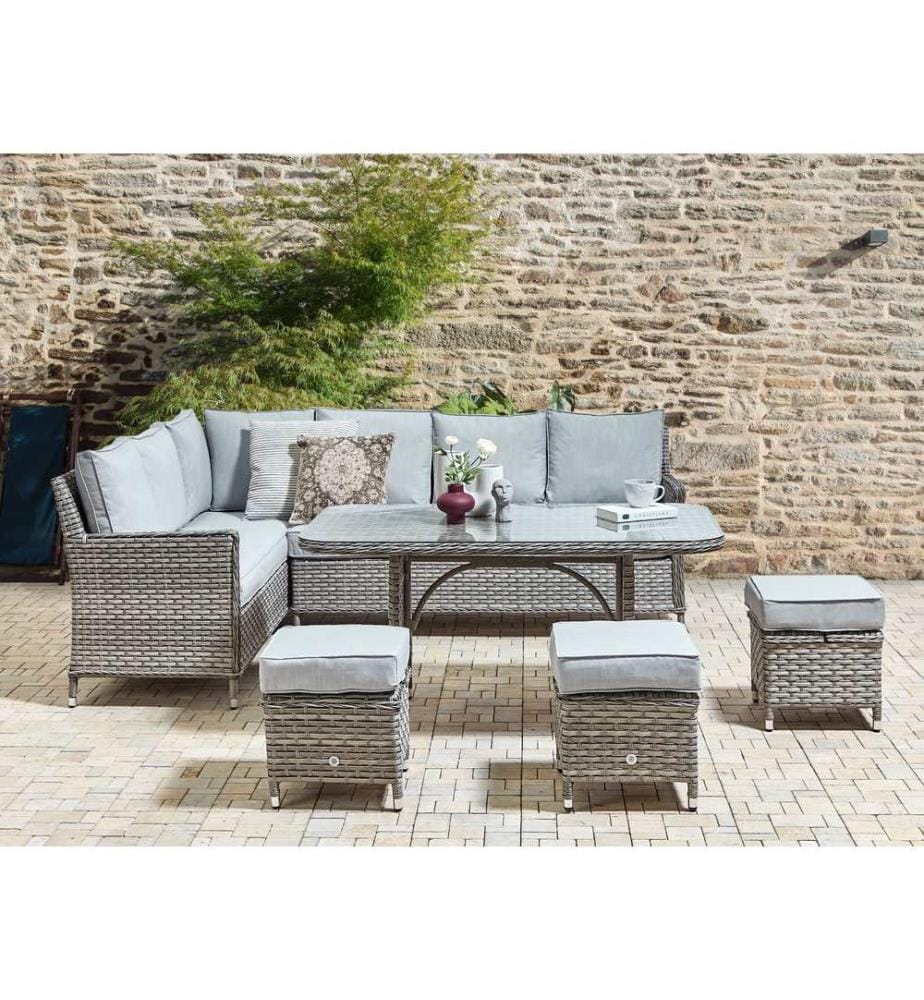 Lounge Set mit Tisch und Ottomane 9-Sitzer LACONA rechtsseitig Polyrattan Hellgrau