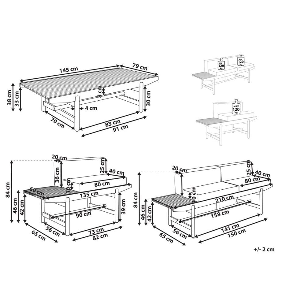 Lounge Set mit Tisch 3-Sitzer GIAVENO Akazienholz Cremeweiss
