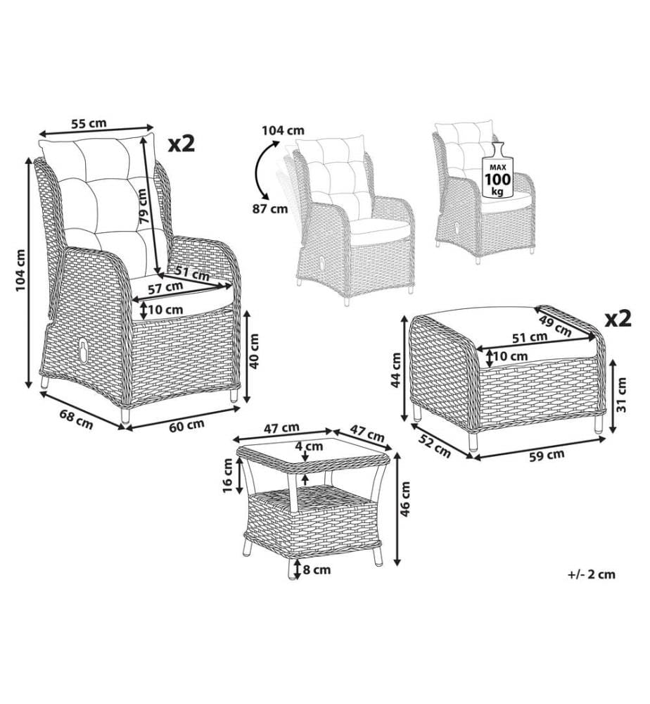 Set salotto da giardino con tavolo e pouf 2 posti PONZA Marrone