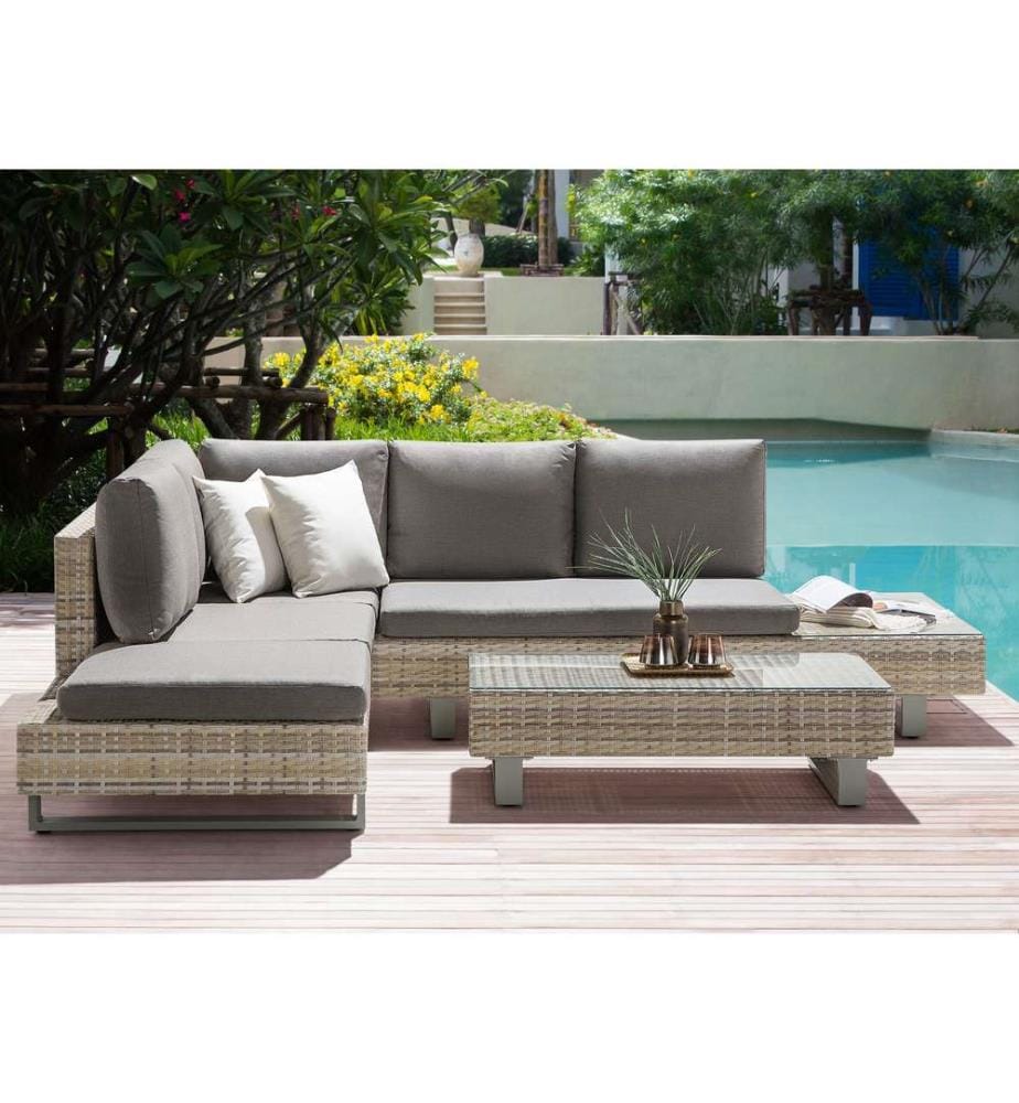 Garten Ecksofa mit Tisch 5-Sitzer LANCIANO rechtsseitig Polyrattan Grau