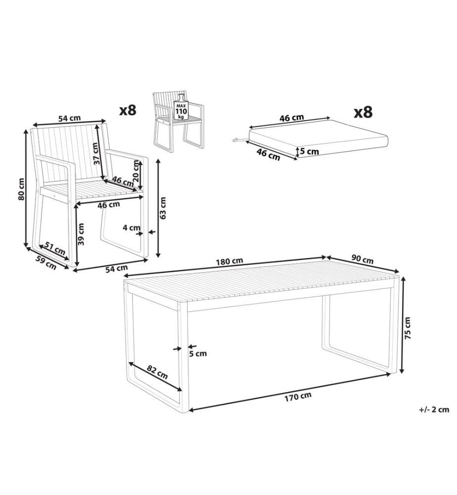 Set da pranzo da giardino 8 posti SASSARI II PREMIUM Legno di acacia certificato Bianco sporco