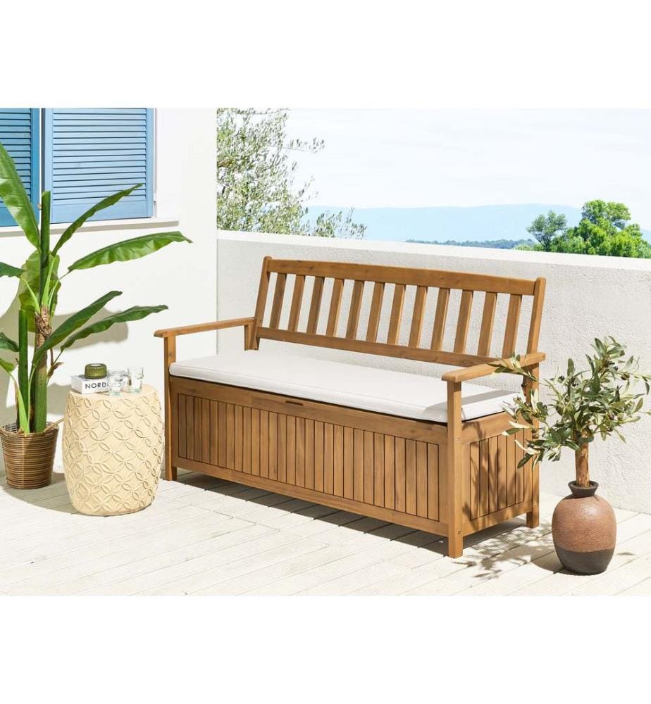 Banc avec coussin d'assise SOVANA 160 cm Acacia Blanc cassé