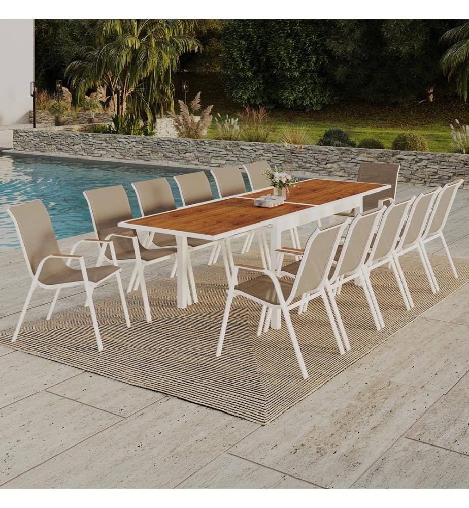 Ensemble repas extensible Timbia 12 places blanc verre trempé effet bois