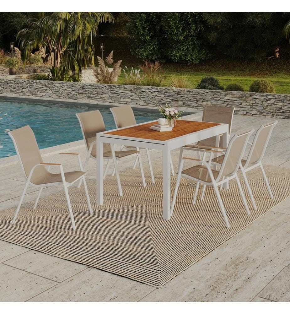 Ensemble repas extensible Timbia 12 places blanc verre trempé effet bois