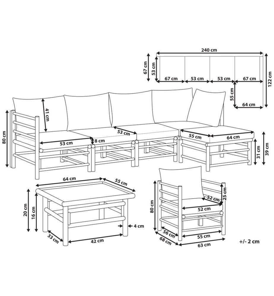 Lounge Set mit Tisch 6-Sitzer CERRETO linksseitig Bambusholz Cremeweiss