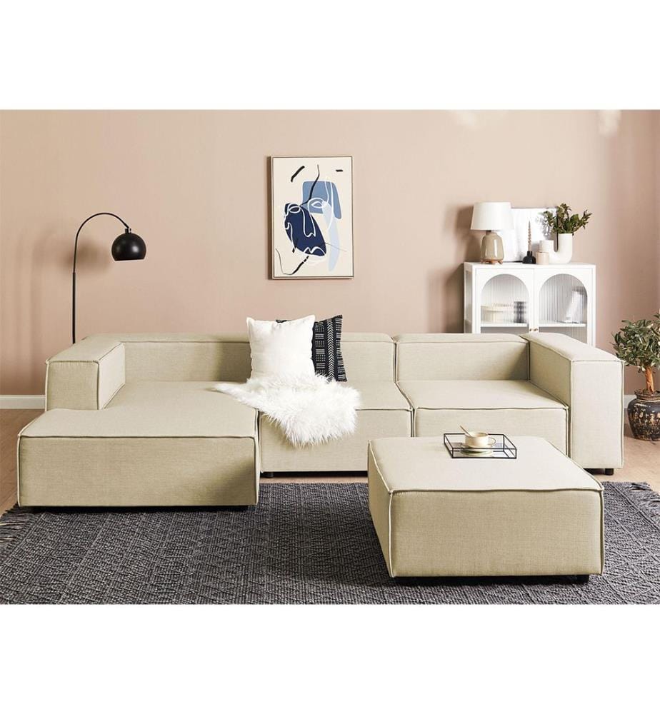 Modul Ecksofa 3-Sitzer APRICA Kunstleinen Beige mit Ottomane rechtsseitig