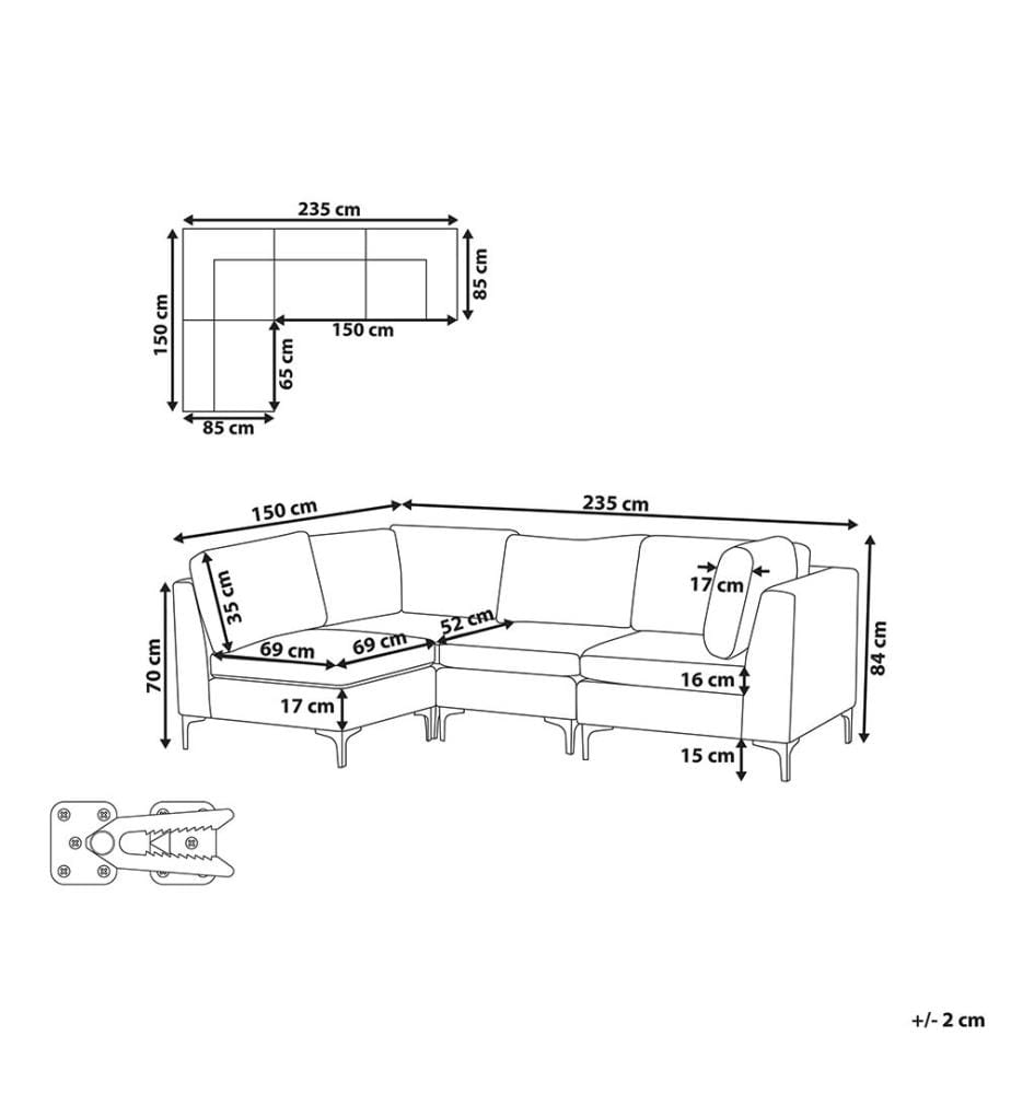 Modul Ecksofa 4-Sitzer EVJA Samtstoff Grau rechtsseitig