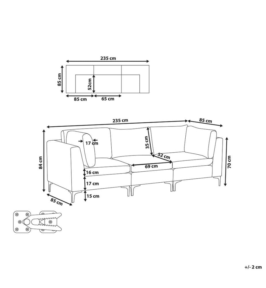 Modulsofa 3-Sitzer EVJA Samtstoff Grau