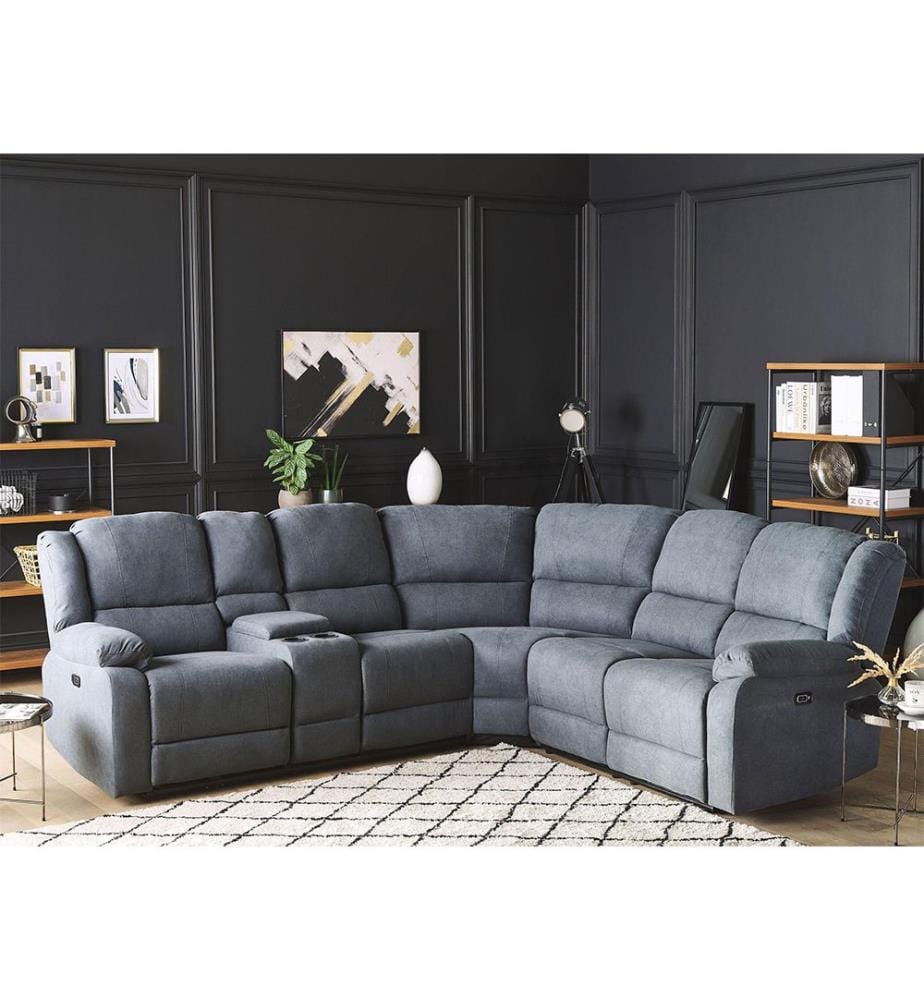 Ecksofa elektrisch verstellbar 5-Sitzer ROKKE Stoff Grau mit USB-Anschluss linksseitig