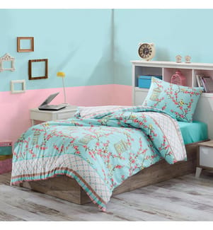 Single Quilt Cover Set - Turquoise/White/Beige/Pink (140 x 200 cm)