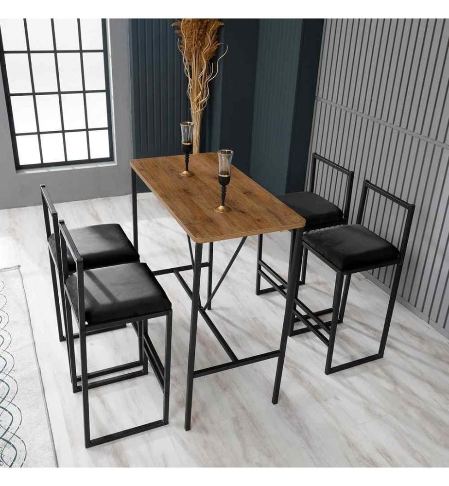 Bar Table & Stool Set , 5 Pieces, Walnut, Black, Melamine Coated Particle Board, Frame: Metal