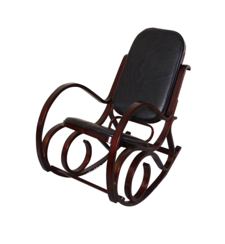 Fauteuil à bascule bois noyer - cuir patchwork noir